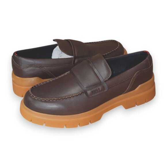 HUGO Double Stitching Loafers Brown Leather US 9 UK 8 EU 42 Moc Toe Brown Sole - Picture 4 of 4